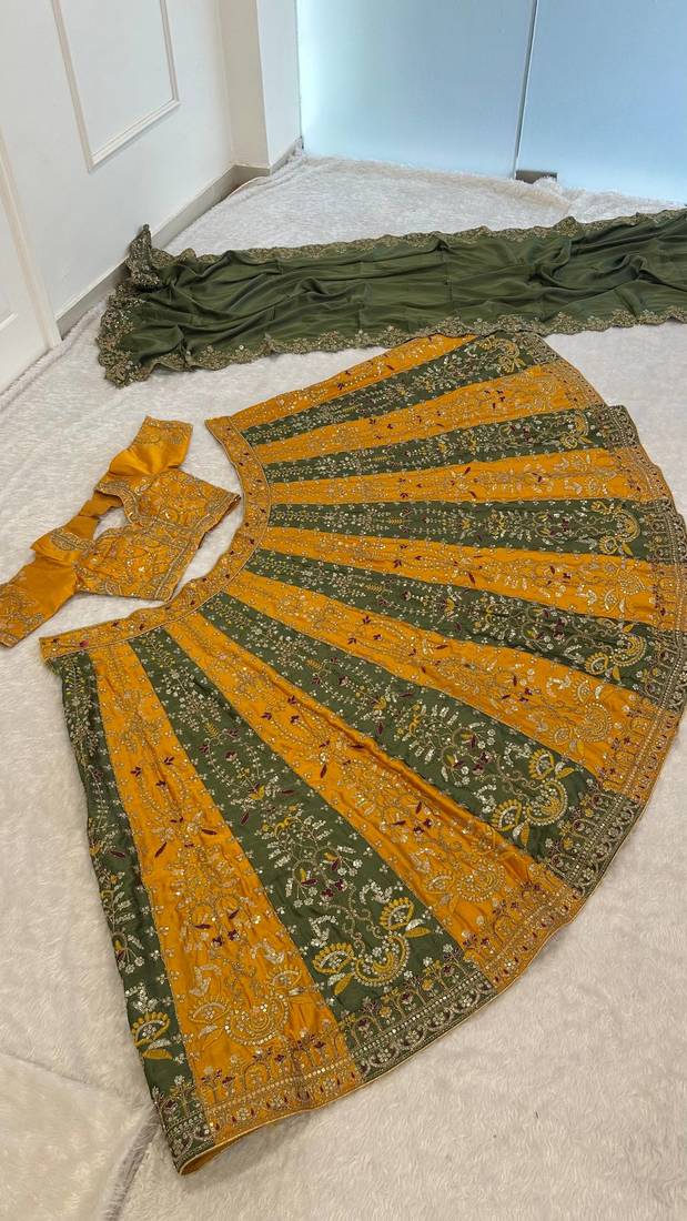Yellow & Olive Green Embroidered Bridal Lehenga Choli for Women