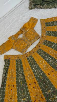 Yellow & Olive Green Embroidered Bridal Lehenga Choli for Women 5