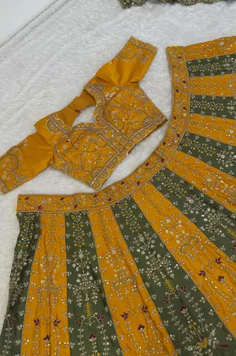 Yellow & Olive Green Embroidered Bridal Lehenga Choli for Women