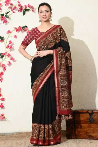 black paisley print viscose  saree with unstitched blouse piece