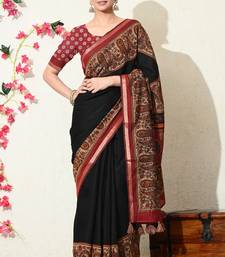 black paisley print viscose  saree with unstitched blouse piece