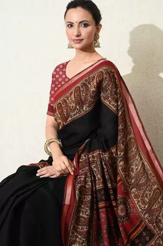 black paisley print viscose  saree with unstitched blouse piece