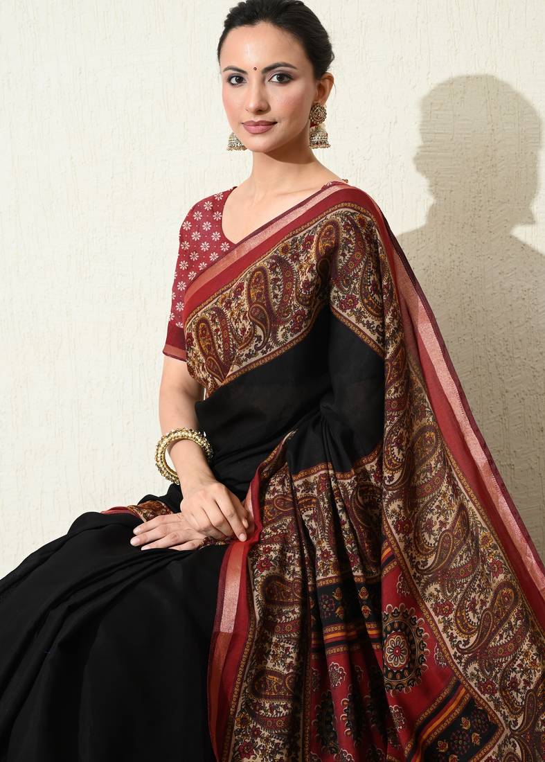 black paisley print viscose  saree with unstitched blouse piece