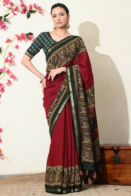 red paisley print viscose  saree with unstitched blouse piece 1