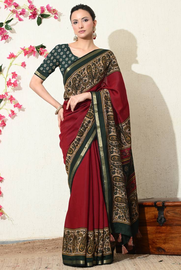 red paisley print viscose  saree with unstitched blouse piece
