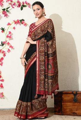 black paisley print viscose  saree with unstitched blouse piece 3