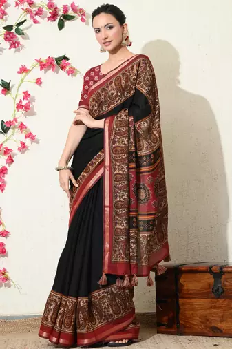 black paisley print viscose  saree with unstitched blouse piece