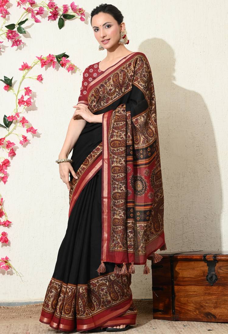 black paisley print viscose  saree with unstitched blouse piece