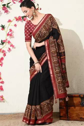 black paisley print viscose  saree with unstitched blouse piece