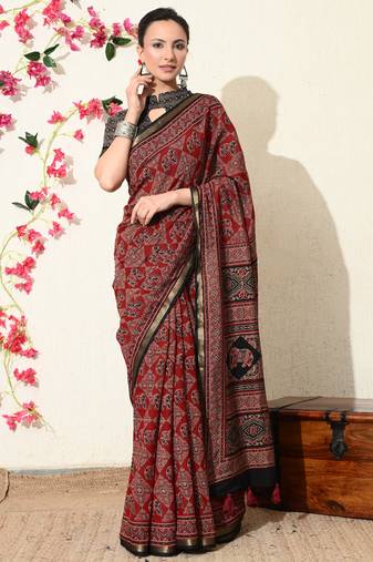 red ajrakh printed viscose  saree with unstitched blouse piece