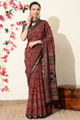 red ajrakh printed viscose  saree with unstitched blouse piece