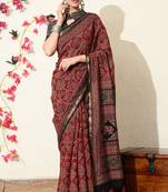 red ajrakh printed viscose  saree with unstitched blouse piece