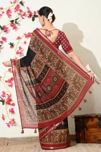 black paisley print viscose  saree with unstitched blouse piece