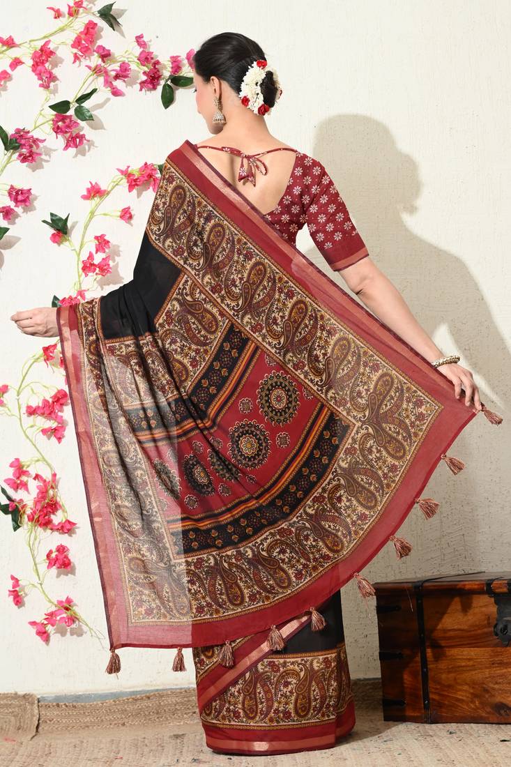 black paisley print viscose  saree with unstitched blouse piece