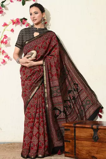 red ajrakh printed viscose  saree with unstitched blouse piece