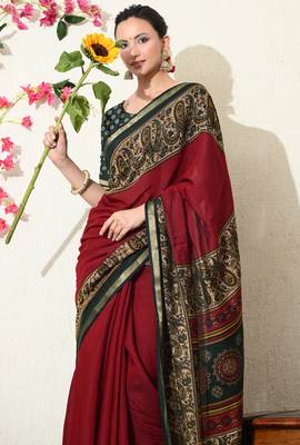 red paisley print viscose  saree with unstitched blouse piece 5