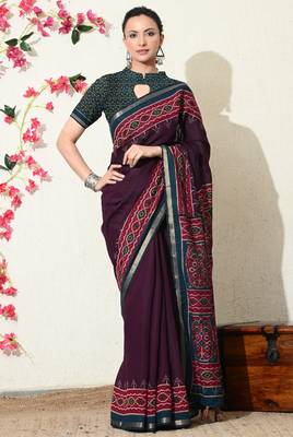 wine ikkat block print viscose  saree with unstitched blouse piece 1