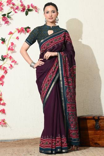 wine ikkat block print viscose  saree with unstitched blouse piece