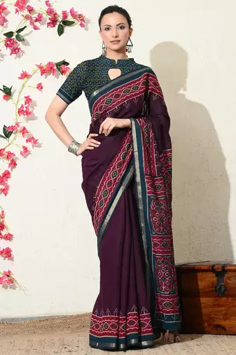 wine ikkat block print viscose  saree with unstitched blouse piece