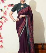 wine ikkat block print viscose  saree with unstitched blouse piece