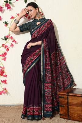 wine ikkat block print viscose  saree with unstitched blouse piece 2