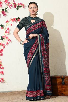 blue ikkat block print viscose  saree with unstitched blouse piece 1
