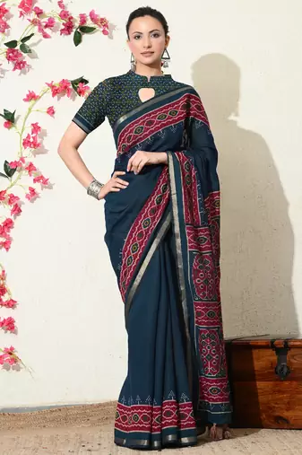 blue ikkat block print viscose  saree with unstitched blouse piece