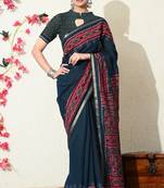 blue ikkat block print viscose  saree with unstitched blouse piece