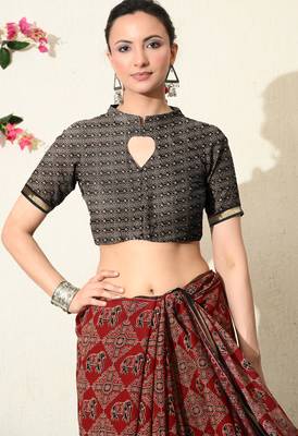 red ajrakh printed viscose  saree with unstitched blouse piece 3