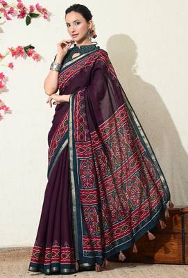 wine ikkat block print viscose  saree with unstitched blouse piece 3