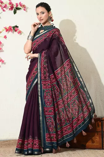wine ikkat block print viscose  saree with unstitched blouse piece