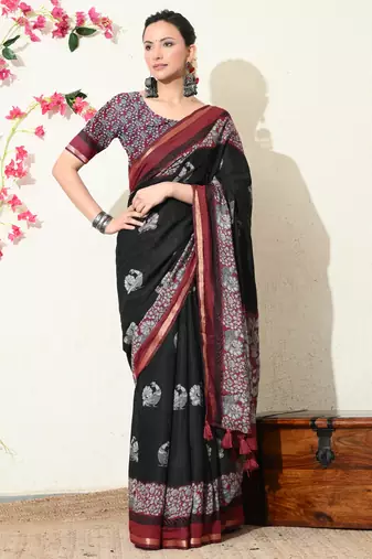 black peacock print woven border viscose  saree with unstitched blouse piece