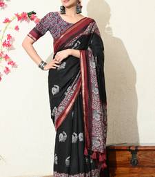 black peacock print woven border viscose  saree with unstitched blouse piece