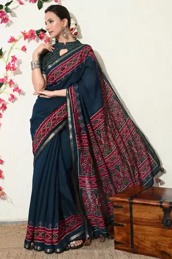 blue ikkat block print viscose  saree with unstitched blouse piece