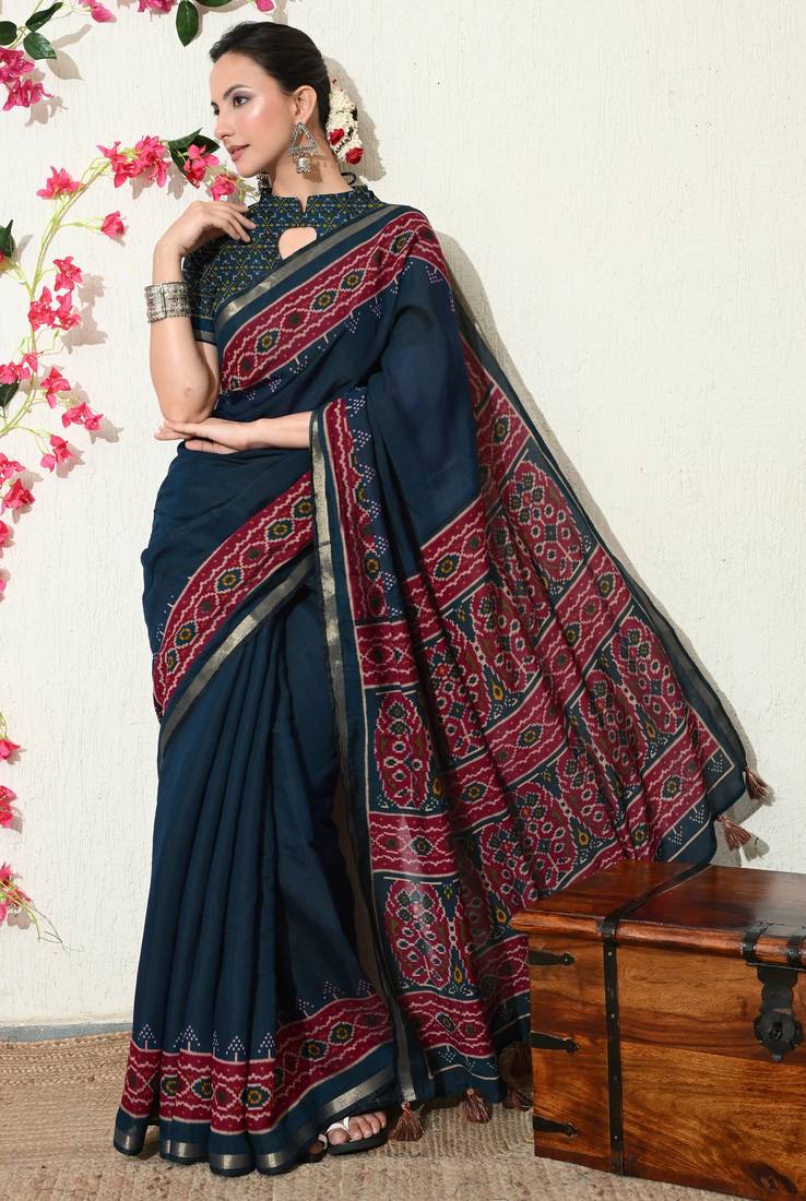 blue ikkat block print viscose  saree with unstitched blouse piece