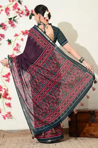 wine ikkat block print viscose  saree with unstitched blouse piece