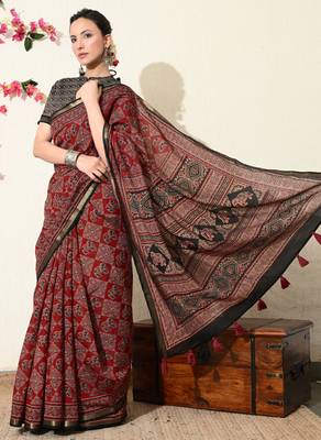 red ajrakh printed viscose  saree with unstitched blouse piece 4