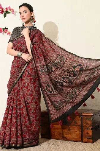 red ajrakh printed viscose  saree with unstitched blouse piece