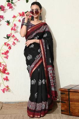 black peacock print woven border viscose  saree with unstitched blouse piece 2