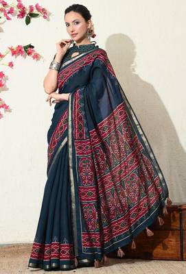 blue ikkat block print viscose  saree with unstitched blouse piece 3