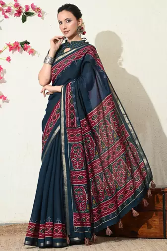 blue ikkat block print viscose  saree with unstitched blouse piece