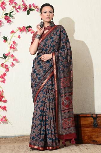 blue ajrakh printed viscose  saree with unstitched blouse piece
