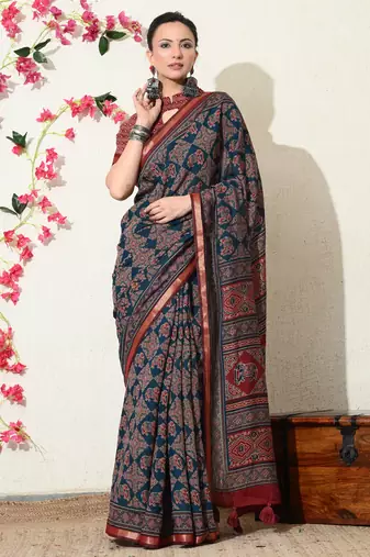 blue ajrakh printed viscose  saree with unstitched blouse piece