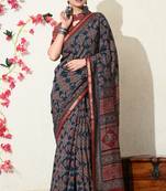 blue ajrakh printed viscose  saree with unstitched blouse piece