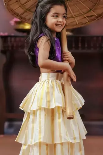 Violet and white kasavu wear skirt and top set