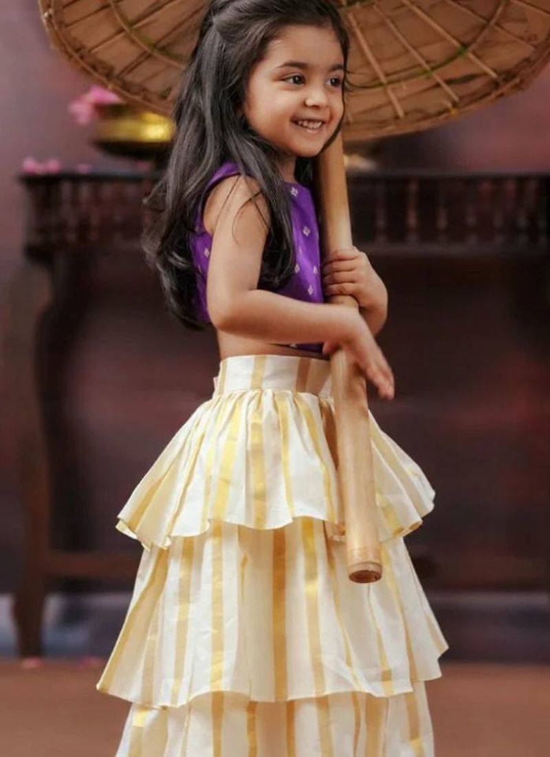 Violet and white kasavu wear skirt and top set