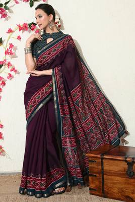 wine ikkat block print viscose  saree with unstitched blouse piece 5
