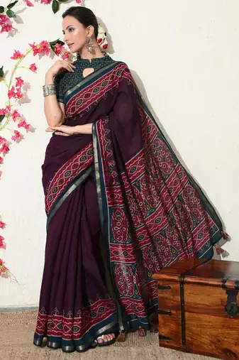 wine ikkat block print viscose  saree with unstitched blouse piece