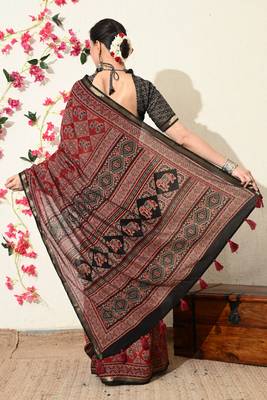 red ajrakh printed viscose  saree with unstitched blouse piece 5