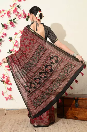 red ajrakh printed viscose  saree with unstitched blouse piece